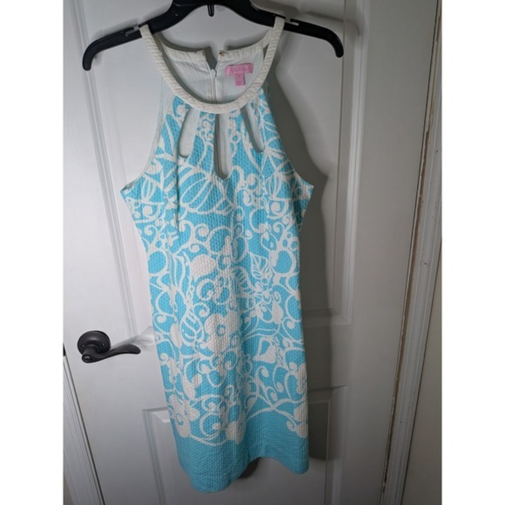 Lilly Pulitzer Aqua Blue White Seersucker Halter Cutout Shift Dress Size 8